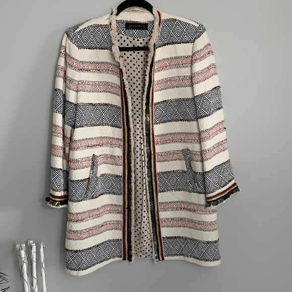 ZARA Woman Open Front Beaded Jacket Ivory Size Large - Picture 4 of 13